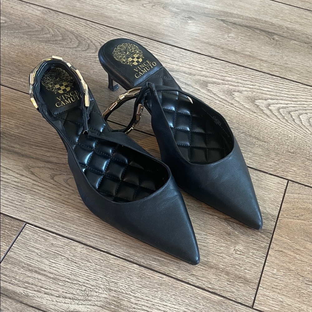 Vince Camuto Black Leather Quilted Heels with Gold Chain Accents